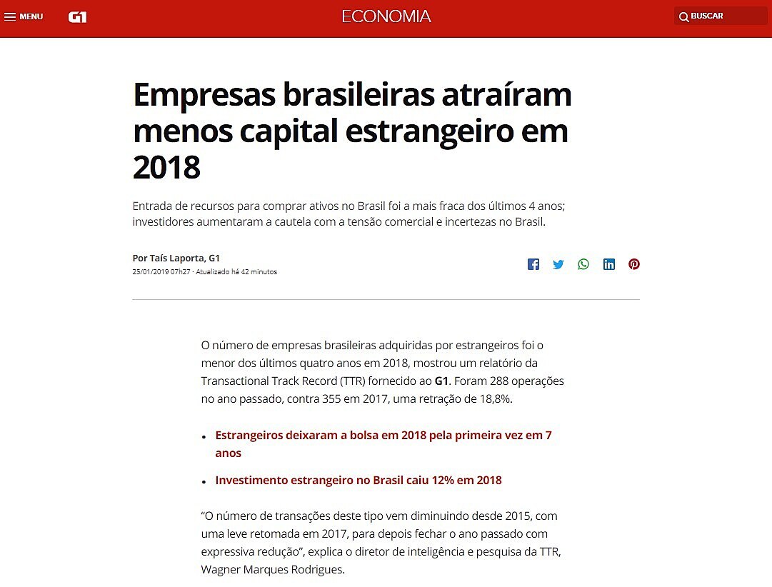 Empresas brasileiras atraram menos capital estrangeiro em 2018